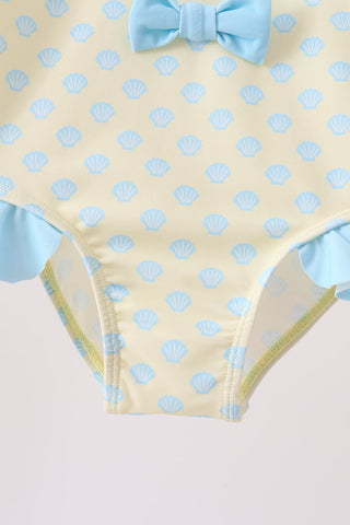 Yellow shell print bow ruffle swimsuit