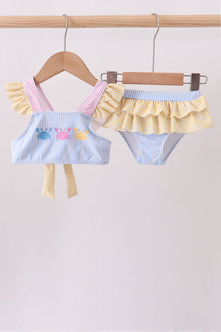 Colorblock crab embroidery ruffle 2pc swimsuit