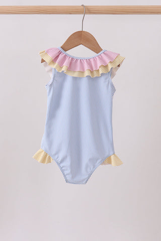 Colorblock crab embroidery ruffle swimsuit