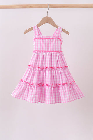 Pink gingham ruffle tiered dress
