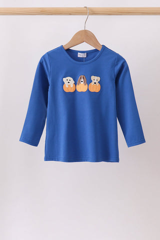 Royal blue puppy pumpkin embroidery top