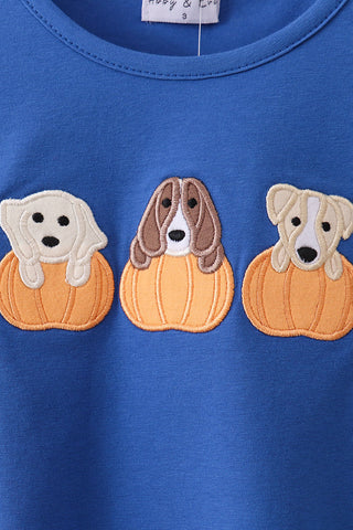 Royal blue puppy pumpkin embroidery top