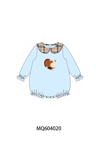 Blue turkey embroidery plaid ruffle bubble