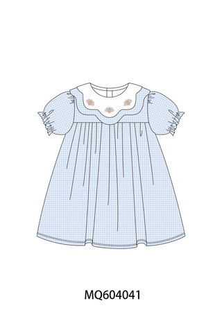 Blue turkey embroidery checkered dress