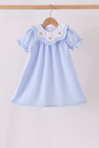 Blue turkey embroidery checkered dress