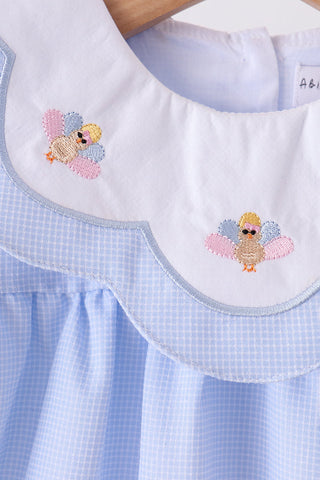 Blue turkey embroidery checkered dress