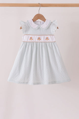 Green plaid turkey embroidery ruffle dress