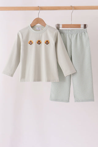 Green turkey embroidery gingham pants set