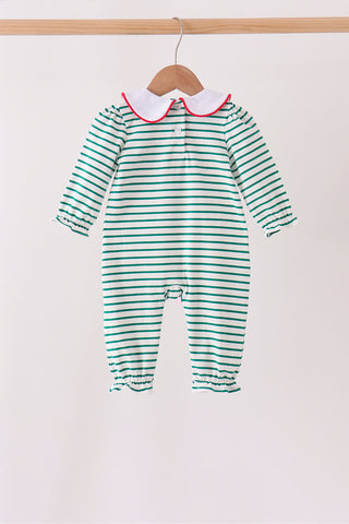 Green stripe gingerbread embroidery ruffle romper