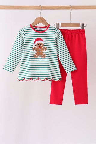 Green stripe gingerbread embroidery scalloped pants set