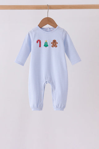 Blue christmas tree gingerbread embroidery stripe romper