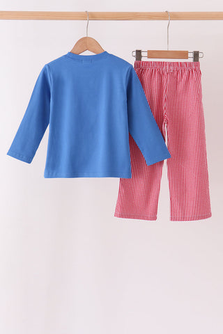 Blue santa embroidery gingham pants set