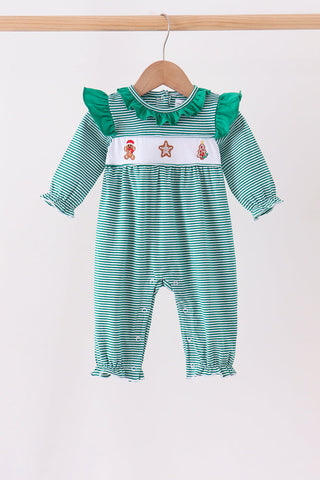 Green gingerbread embroidery stripe ruffle romper