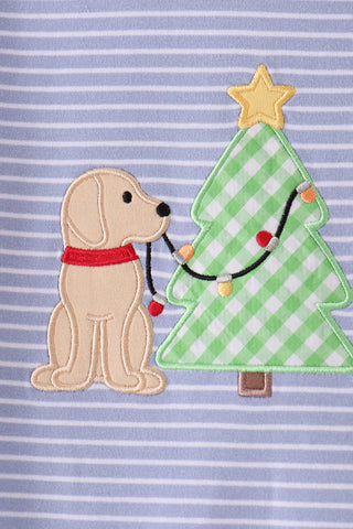 Blue christmas tree puppy embroidery stripe romper
