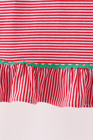 Red stripe christmas tree embroidery ruffle dress