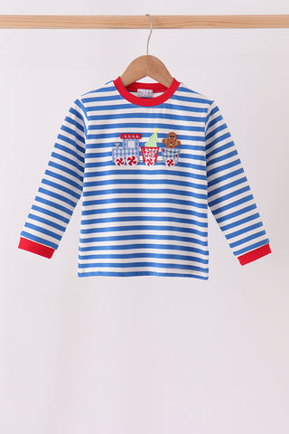 Blue stripe gingerbread embroidery top