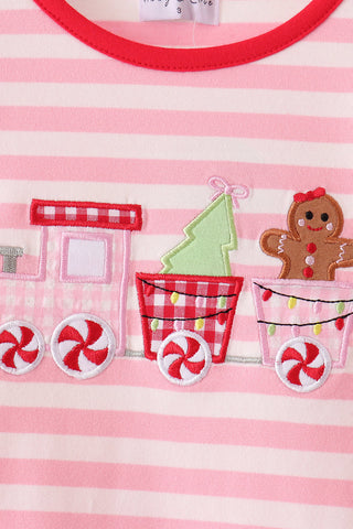 Pink stripe gingerbread embroidery ruffle pants set