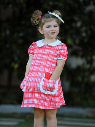 Valentine's Day Plaid Pocket Girls Short Sleeves Dress