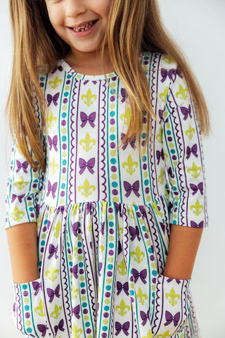 Mardi Gras 3/4 Sleeve Pocket Twirl Dress