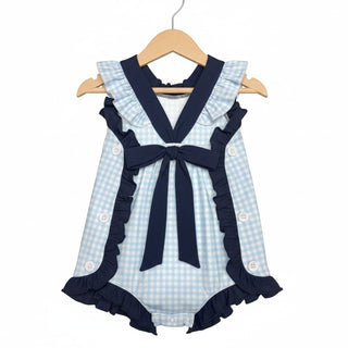 Classic Navy Gingham Bow and Button Romper