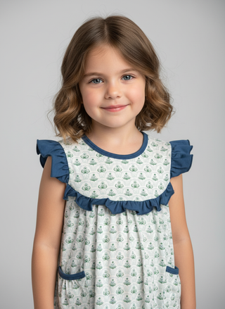 Cottage Core Blue Floral Girl Ruffle Dress