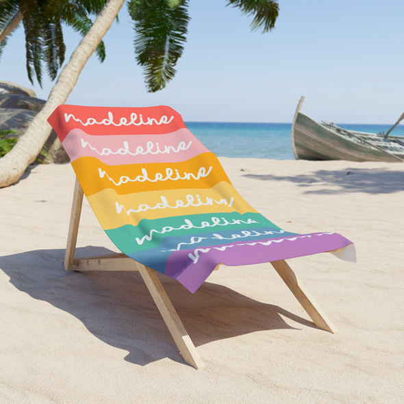 Personalized Rainbow Beach Towel - Custom Name Vacation Gift Groovy Retro Style