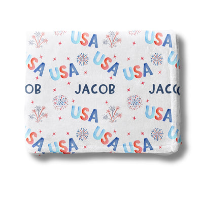 Personalized Patriotic USA Blanket - Custom Name 4th of July Holiday Memorial Day Summer