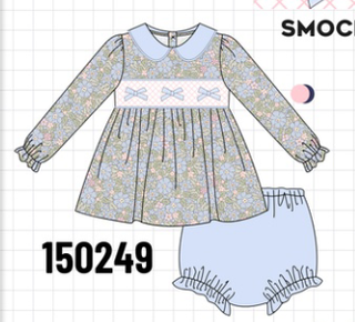 Blue Floral Bow Smocked Bloomer Set