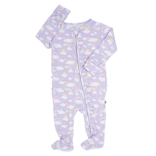 Lavender Rainbows and Clouds Ruffle Baby Footie