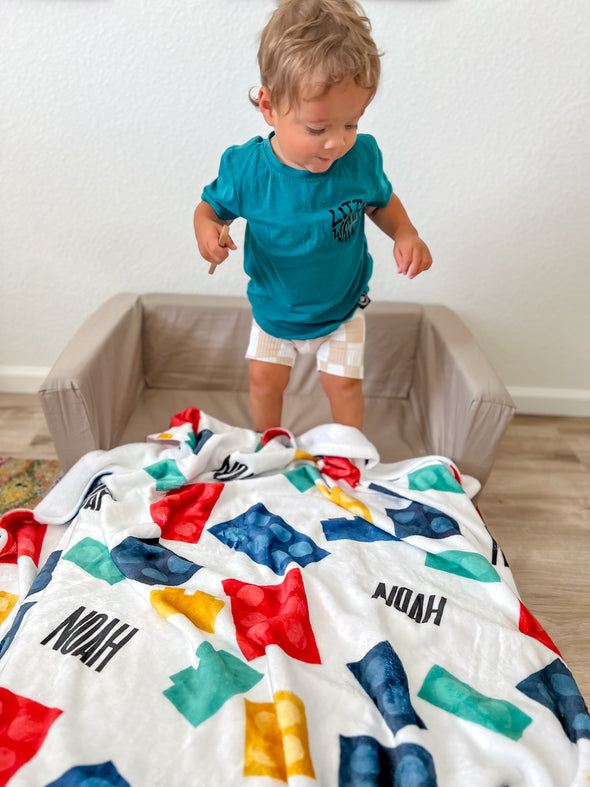 Building Bricks Minky Name Blanket