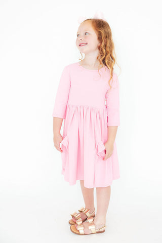 Bubblegum Pink 3/4 Sleeve Pocket Twirl Dress
