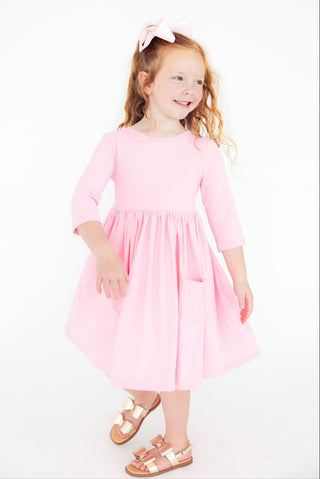 Bubblegum Pink 3/4 Sleeve Pocket Twirl Dress
