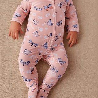 Pink Butterfly Daisy Bamboo Zipper Footie