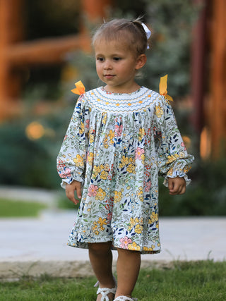 Fall  Embroidery Smocking Bow Floral Leaf Baby Girls Dress