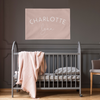 pink custom wall flag with the name "charlotte lynn" printed on it hanging above a gray crib