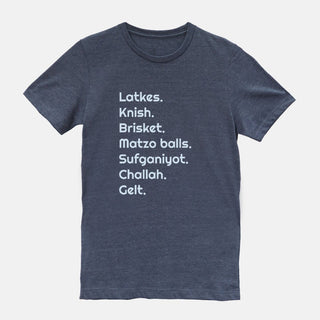 Hanukkah Shirt, Latkes Knish Brisket Matzo balls Sufganiyot Challah Gelt, Mens Womens Shirt