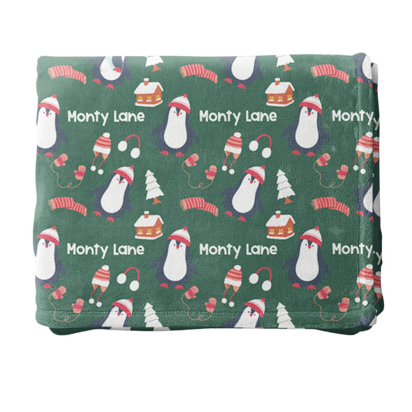 Personalized Penguin Blanket, Custom Name Blanket, Christmas Gift, Holiday Blanket, Stocking Stuffer, Christmas Decor, Blanket Gift