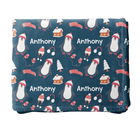 Personalized Penguin Blanket, Custom Name Blanket, Christmas Gift, Holiday Blanket, Stocking Stuffer, Christmas Decor, Blanket Gift