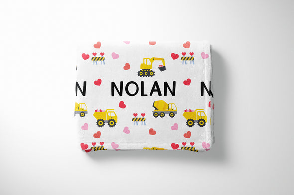 Personalized Valentines Day Construction Trucks Blanket - Custom Name Unique Gift for Kids
