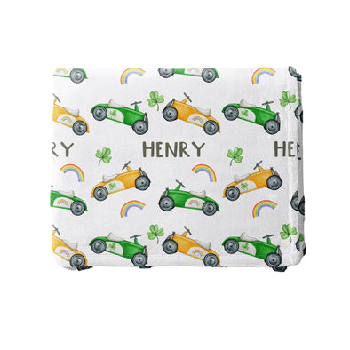 Personalized St Patricks Cars Blanket - Custom Name St Pats Day Gift for Boys and Girls