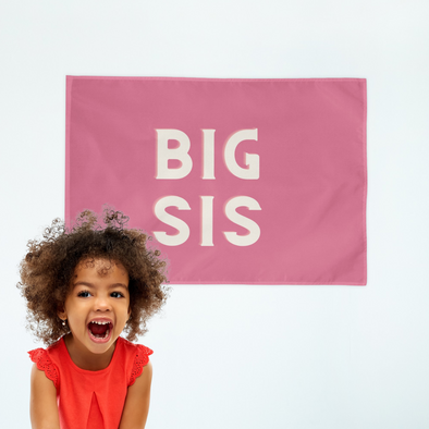 little girl standing in front of a pink wall banner that says "big sis"