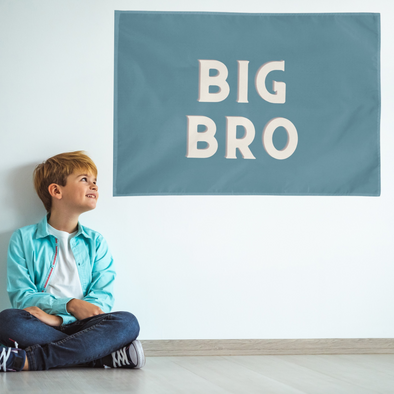 little boy sitting next to a blue wall banner that reads "big bro"